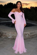 Sequin Off Shoulder Sweetheart Long Bell Sleeve Mermaid Formal Gown