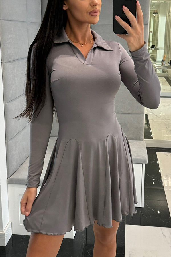 Polo Collar Deep V-Neck Paneled Skater Lettuce Hem Mini Dress