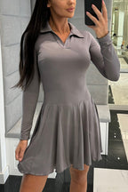 Polo Collar Deep V-Neck Paneled Skater Lettuce Hem Mini Dress