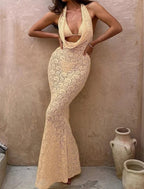 Lace Halter Neck Deep V-Neck Backless Bodycon Maxi Dress