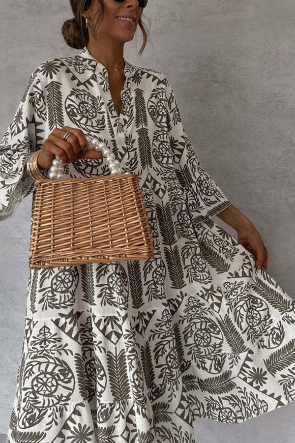 Block Print Mandarin Collar Bell Sleeve Tiered Babydoll Mini Dress