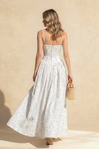 Floral Print Corset Bodice Basque Waist Pleated Ball Gown Maxi Dress