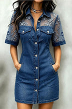 Embroidered Lace Mesh Panel Denim Mini Dress