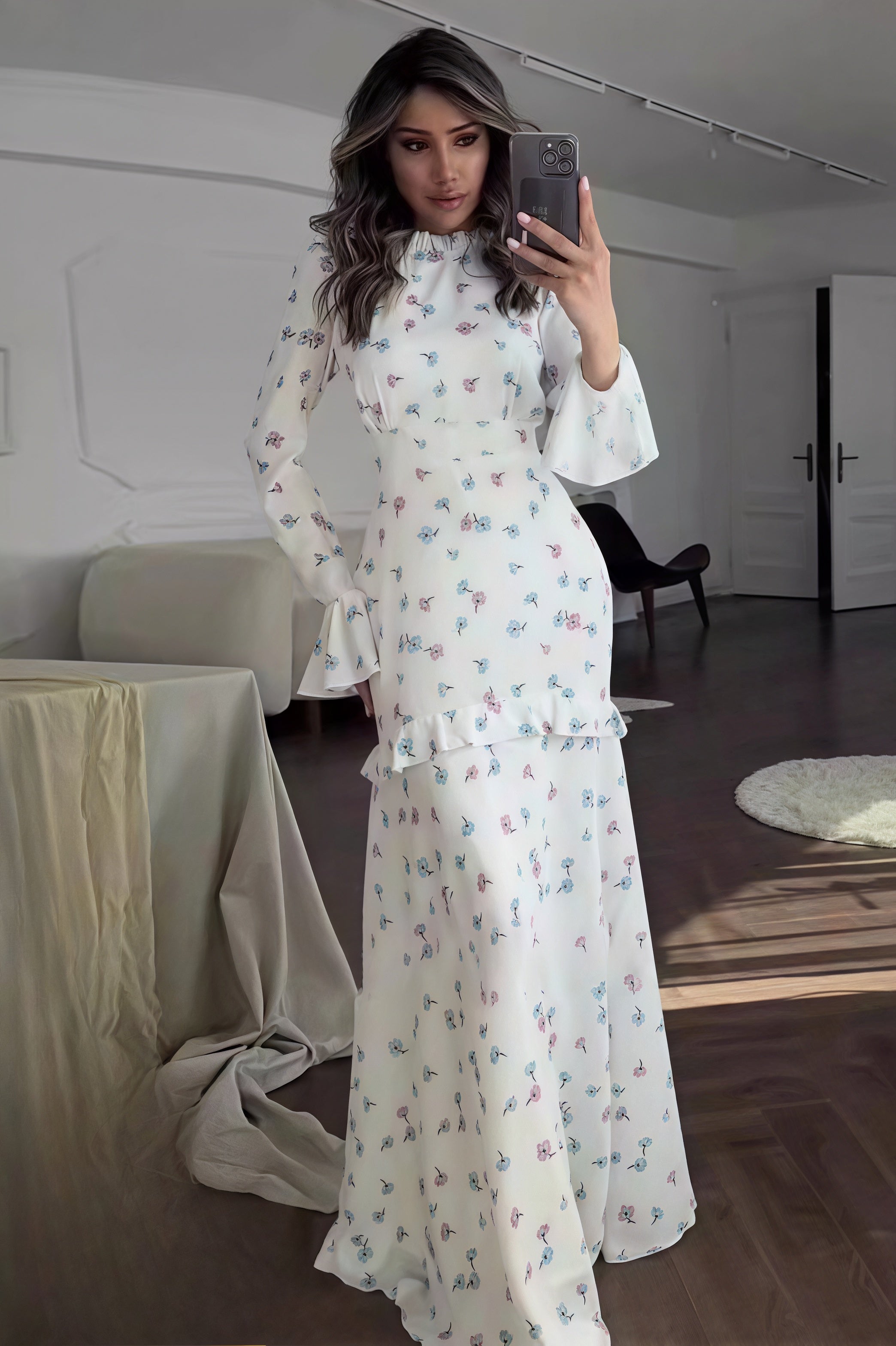 White Mock Neck Long Sleeve Bell Cuff Tiered Ruffle Ditsy Floral Maxi Dress