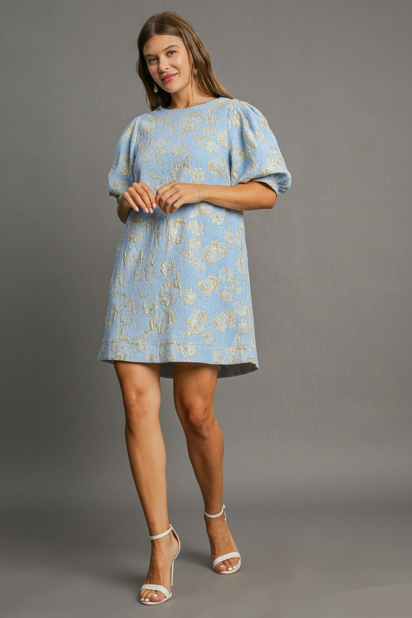 Eva Timeless Floral Jacquard Mini Dress with Puff Sleeves Premium Wardrobe Essential