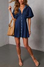 Stylish Collared Short-sleeved Fitted Waist Button-down Casual Mini Dress