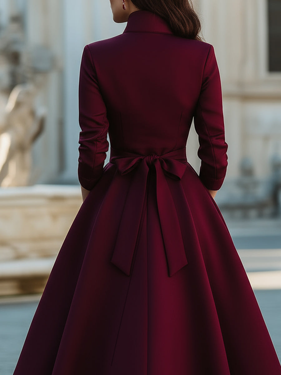 Elegant Band Collar Button-Down Midi Dress With Belt