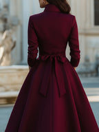 Elegant Band Collar Button-Down Midi Dress With Belt