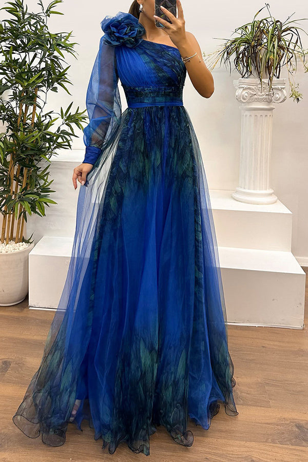 One Shoulder Floral Print Rosette Puff Sleeve Pleated Side Slit Maxi Dress