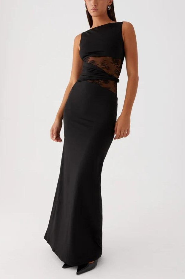 Boat Neck Sleeveless Lace Panel Waist Cut Out Twist Detail Maxi Dress