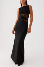 Boat Neck Sleeveless Lace Panel Waist Cut Out Twist Detail Maxi Dress