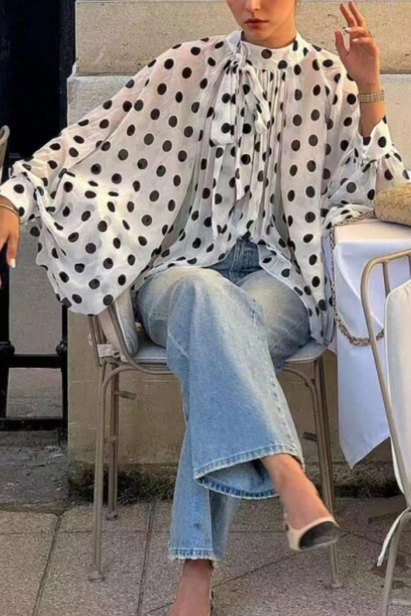 Polka Dot Print Tie-waist Lantern Sleeve Elegant Loose Shirt