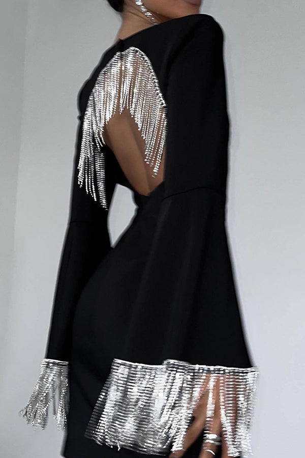 Rhinestone Fringe Bell Sleeve Arched Back Cutout Mini Dress