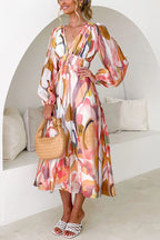 Abstract Watercolor Print Deep V-Neck Lantern Sleeve Smocked Waist Midi Dress