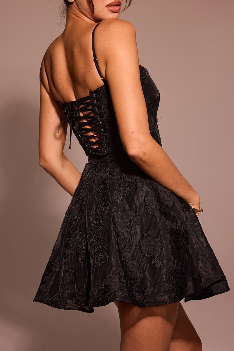Jacquard Burnout Floral Sweetheart Ladder Stitch Fit and Flare Mini Dress