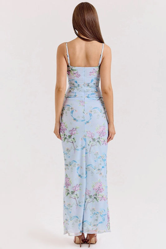 Floral Print Mesh Ruched Square Neck Spaghetti Strap High Split Maxi Dress