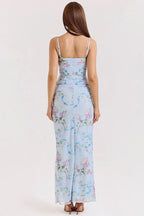 Floral Print Mesh Ruched Square Neck Spaghetti Strap High Split Maxi Dress