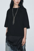 Stylish Round Neck Short-sleeved Patchwork Lace Hem Loose T-shirt