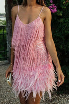 Sequin Fringe Feather Hem Spaghetti Strap Mini Dress