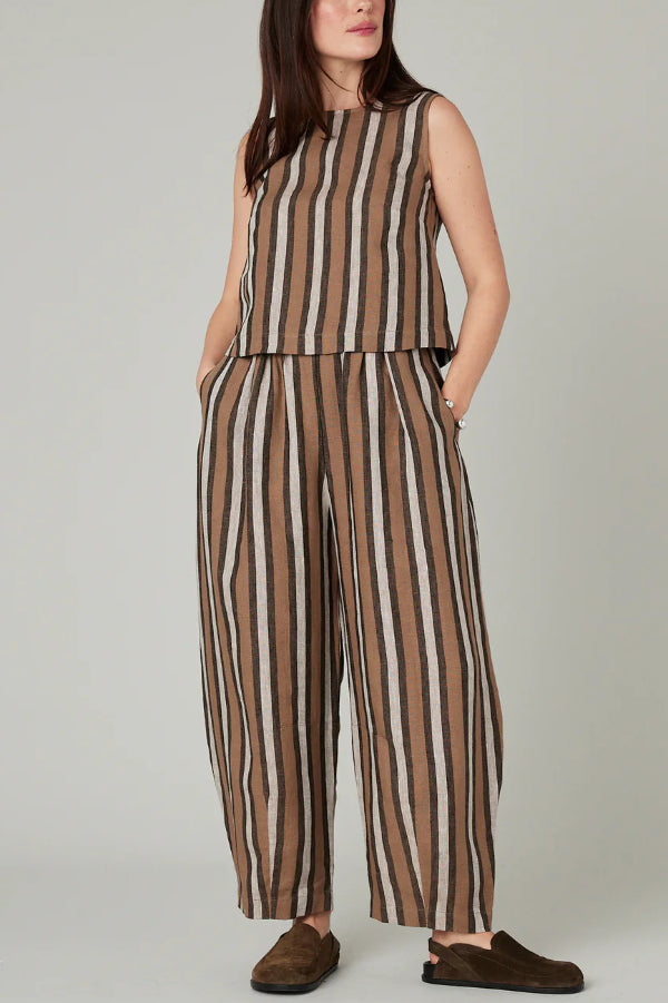 Striped Printed Crew Neck Sleeveless Top and Elastic Waist Wide-leg Pants Set