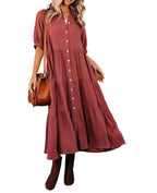 Gauze Button Front Collar Half Sleeve Tiered Pocket Midi Dress