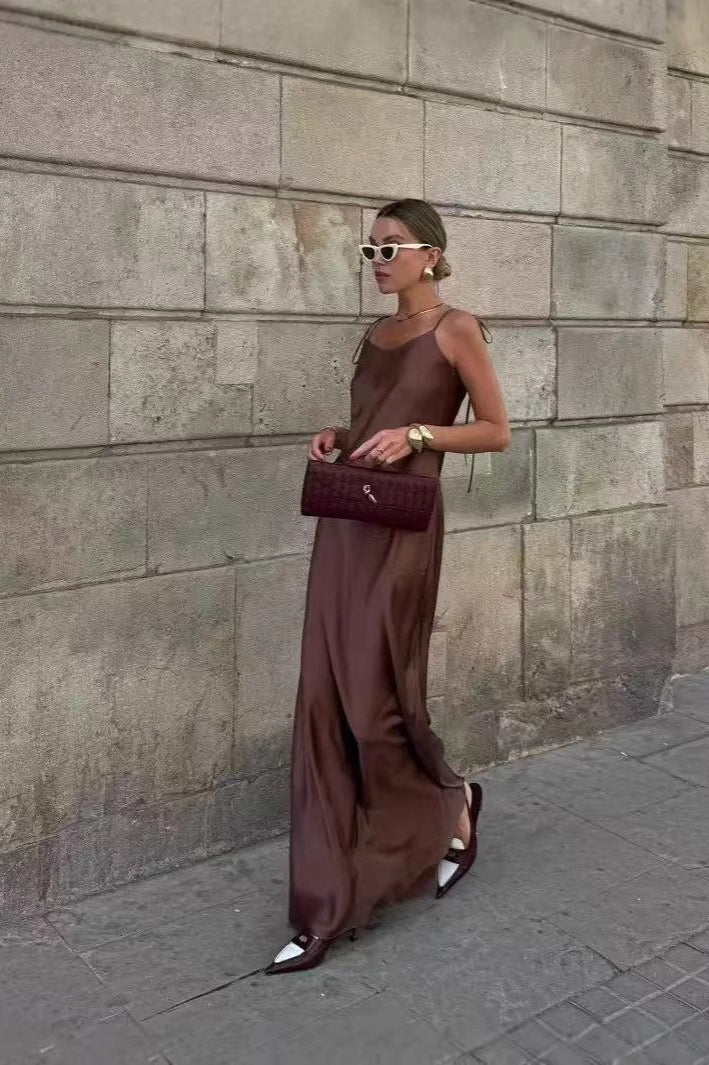Satin Bow Tie Shoulder Strap Spaghetti Strap Slip Midi Dress