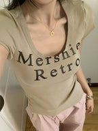U Neck Letter Print Slim Short Sleeve Knit