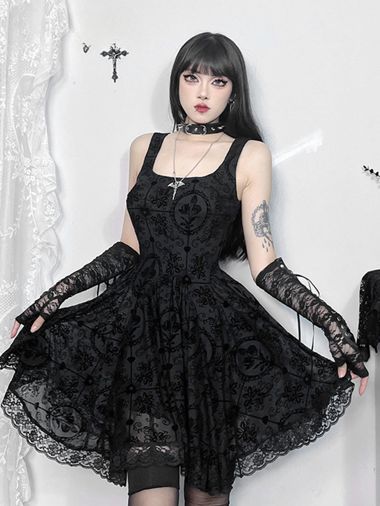 Gothic Jacquard Square Neck Lace Trim Fit and Flare Mini Dress