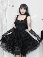 Gothic Jacquard Square Neck Lace Trim Fit and Flare Mini Dress