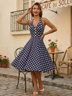 Vintage 1950s Polka Dot Midi Swing Dress for Women - Halter Neck A-Line Rockabilly Pinup Sun Dress - Holiday Picnic 2026