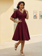 V Neck Ruched Front Button Decor Flutter Sleeve Retro Swing Dress For Women 2026
