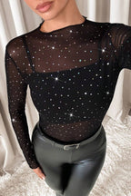 Mesh Rhinestone Mandarin Collar T-shirt