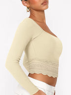 Solid Color Lace Hem Square Neck Crop Long Sleeve Knit