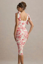 Square Neck Bow Strap Ruched Floral Toile Bodycon Midi Dress