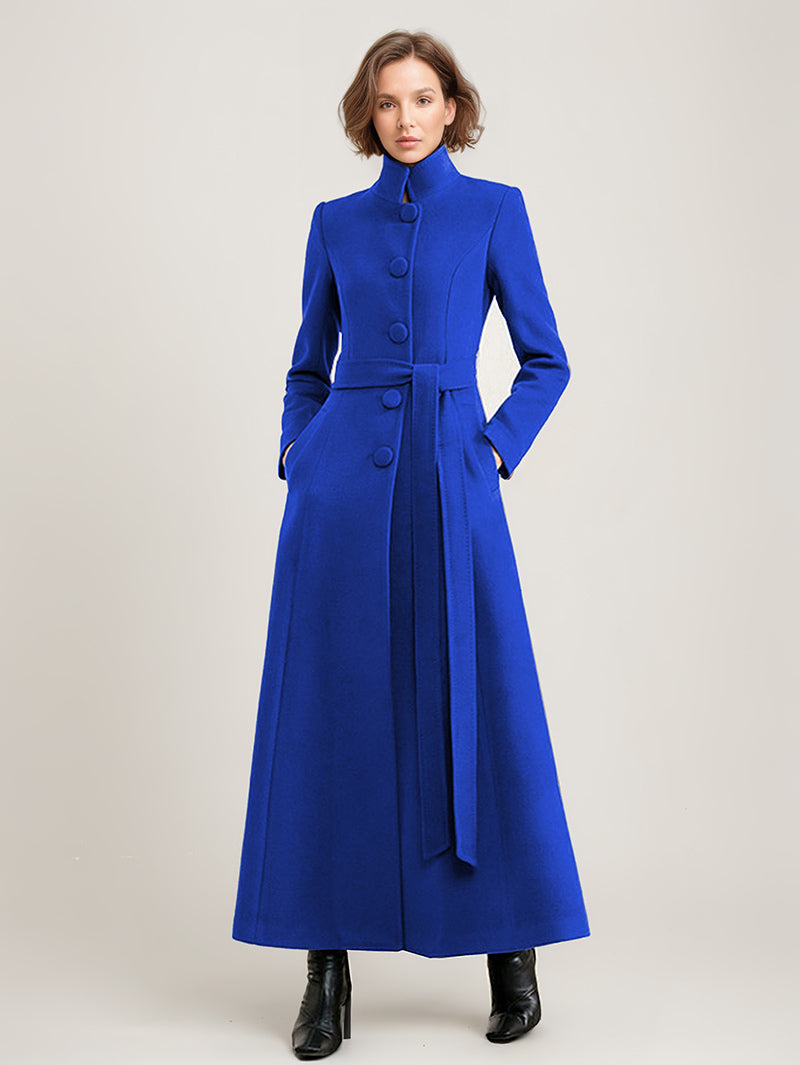 Wool Blend Long Coat Black Belted Stand Collar Winter Full Length Outerwear For Women 2026