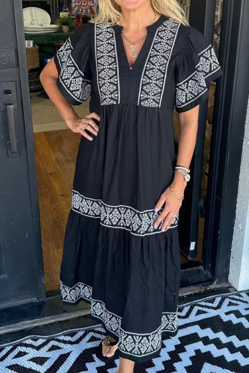 V Neck Short Sleeve Geometric Embroidery Tiered Midi Dress