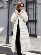 Women Coat Belted Removable Faux Fur Collar Hooded Full Length Winter Coat