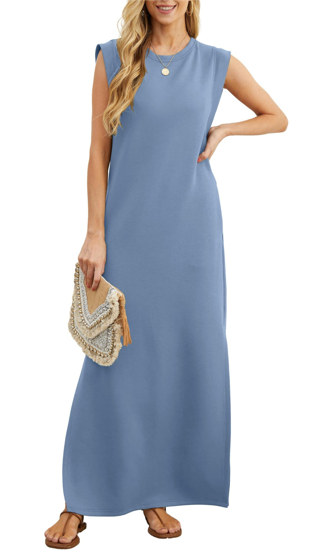 Padded Shoulder Crew Neck Ribbed Column Ankle Length Maxi Dress