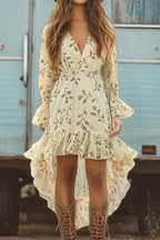 Floral Print V-neck Long-sleeved High-waisted Ruffle Midi Dress