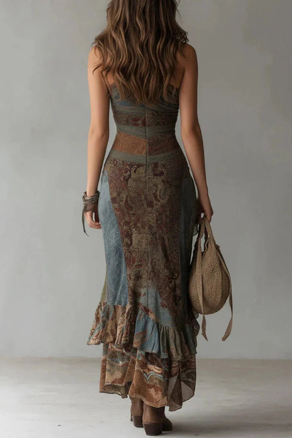 Unique Patchwork Print One-shoulder Sleeveless Fitted Asymmetrical Maxi Dress