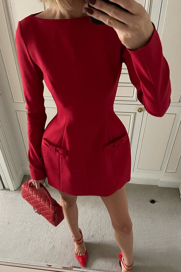 Boat Neck Long Sleeve Bow Hip Detail Structured A-Line Mini Dress