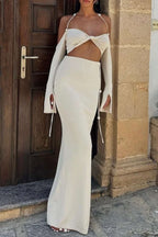 Twist Tie Halter Long Sleeve Bra Top And Maxi Skirt Set