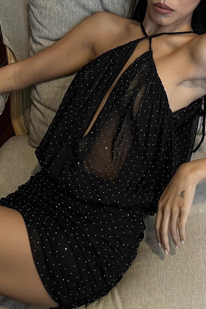 Halter Neck Plunging V-Neck Rhinestone Embellished Ruched Bodycon Mini Dress