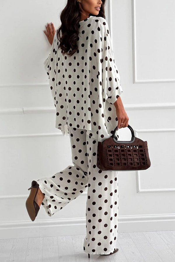 Verne Linen Blend Polka Dot Batwing Sleeve Top and Elastic Waist Pocket Loose Pants Set