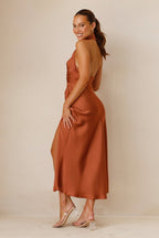 Halter Neck Ruched Pleated Wrap Thigh Slit Satin Midi Dress