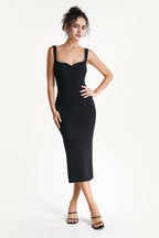Sweetheart Neck Pearl Trim Rib Knit Bodycon Midi Dress