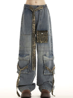 Vintage leopard print multi-pocket straps Cargo Jeans