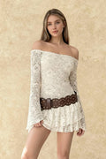 Lace Off Shoulder Bell Sleeve Tiered Ruffle Mini Dress
