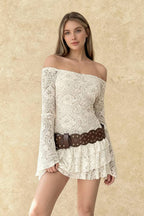 Lace Off Shoulder Bell Sleeve Tiered Ruffle Mini Dress