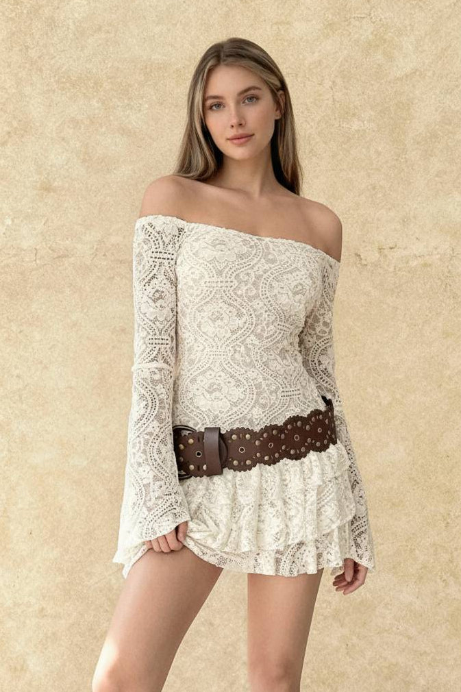 Lace Off Shoulder Bell Sleeve Tiered Ruffle Mini Dress